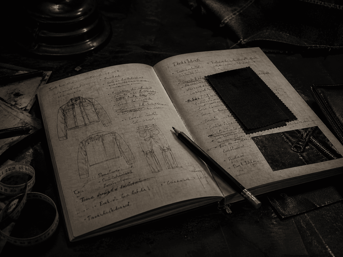 Studio sketchbook with denim sketches and fabric swatches
